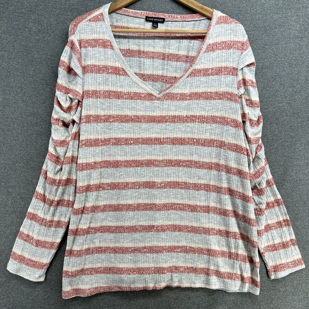 Lane Bryant Womens 22/24 Striped Knit Top Gathered Long Sleeve V Neck Shirt Plus
